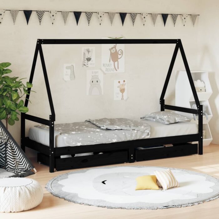 Cadre de lit enfant avec tiroirs noir 90x200 cm bois pin massif – Image 1