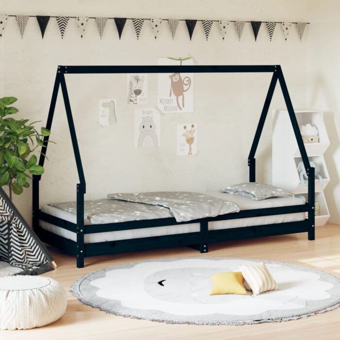 Cadre de lit pour enfants noir 80x200 cm bois de pin massif – Image 1