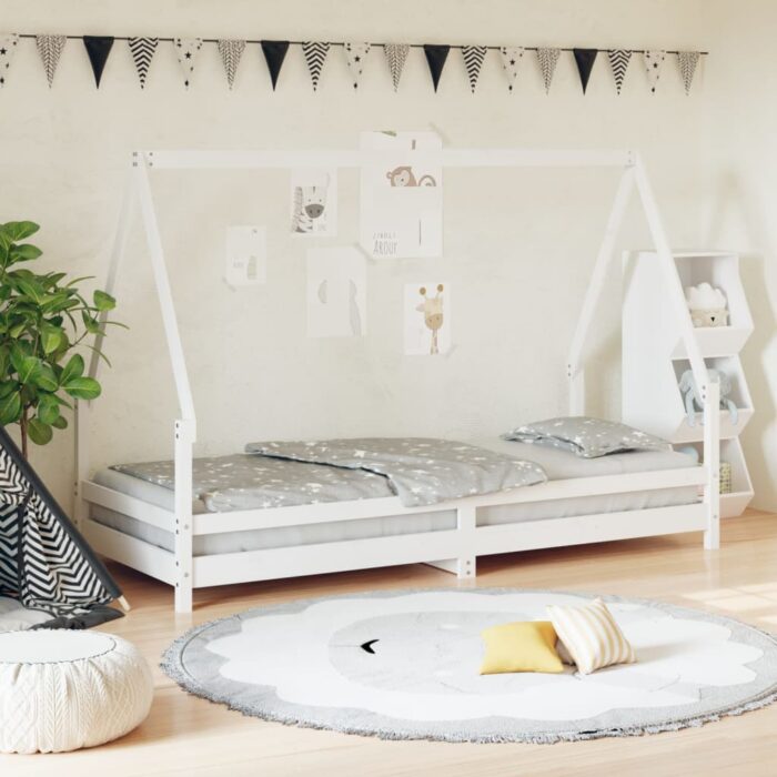 Cadre de lit pour enfants blanc 90x200 cm bois de pin massif – Image 1