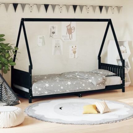 Cadre de lit pour enfants noir 80x200 cm bois de pin massif