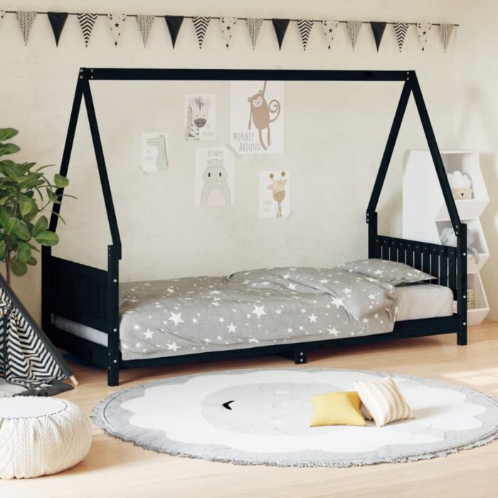Cadre de lit pour enfants noir 80x200 cm bois de pin massif – Image 1