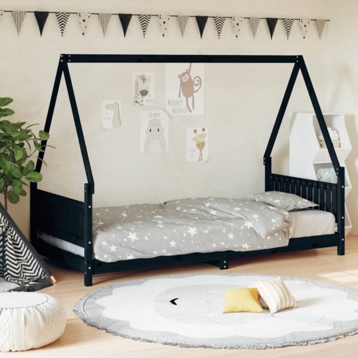Cadre de lit pour enfants noir 90x190 cm bois de pin massif – Image 1