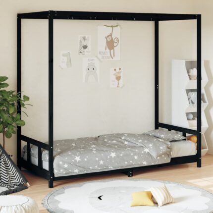 Cadre de lit pour enfants noir 90x200 cm bois de pin massif