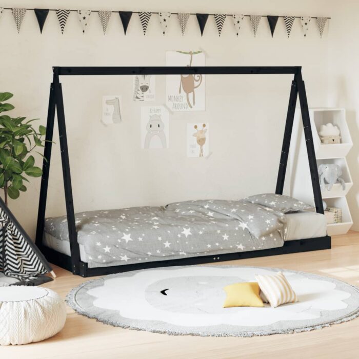 Cadre de lit pour enfants noir 80x200 cm bois de pin massif – Image 1