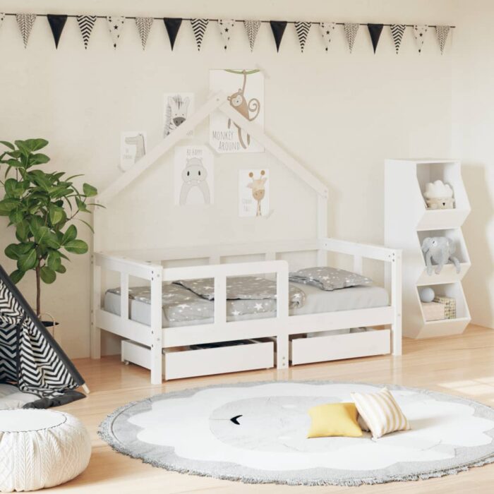 Cadre de lit enfant tiroirs blanc 70x140 cm bois de pin massif – Image 1