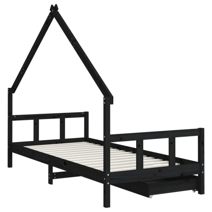 Cadre de lit enfant avec tiroirs noir 90x200 cm bois pin massif – Image 5