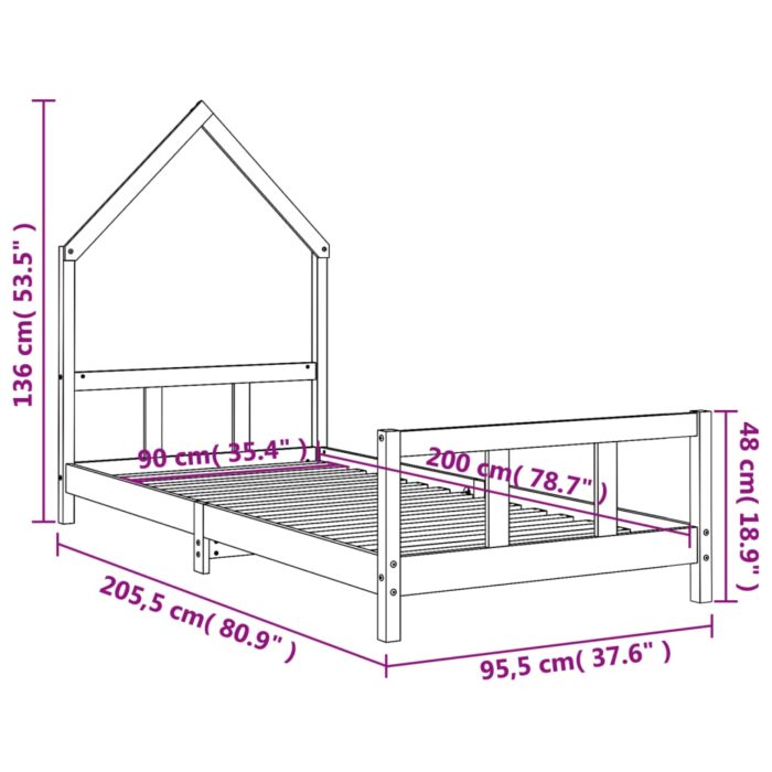 Cadre de lit pour enfants noir 90x200 cm bois de pin massif – Image 7