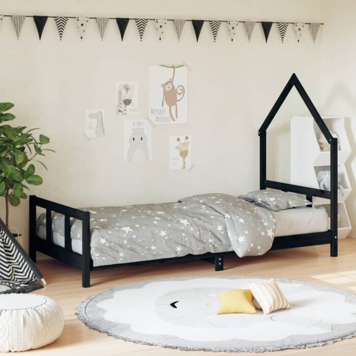 Cadre de lit pour enfants noir 90x200 cm bois de pin massif – Image 1