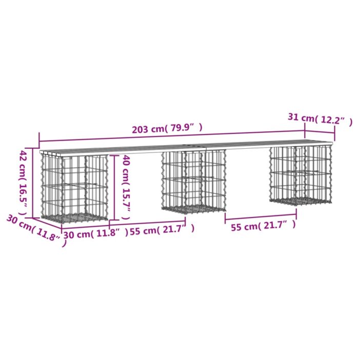 Banc de jardin design de gabion 203x31x42 cm bois massif de pin – Image 6