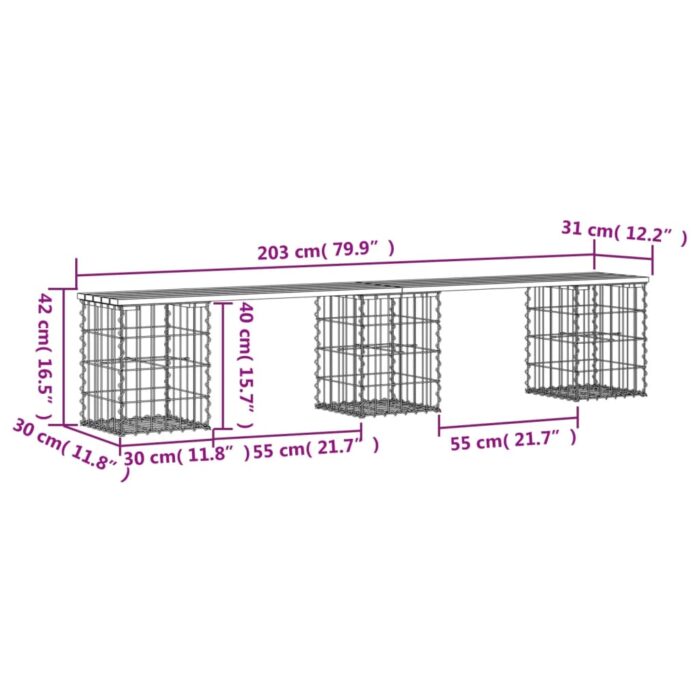 Banc de jardin design gabion 203x31x42 cm bois de pin imprégné – Image 6