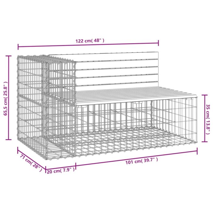 Banc de jardin design gabion 122x71x65,5cm bois de pin imprégné – Image 6