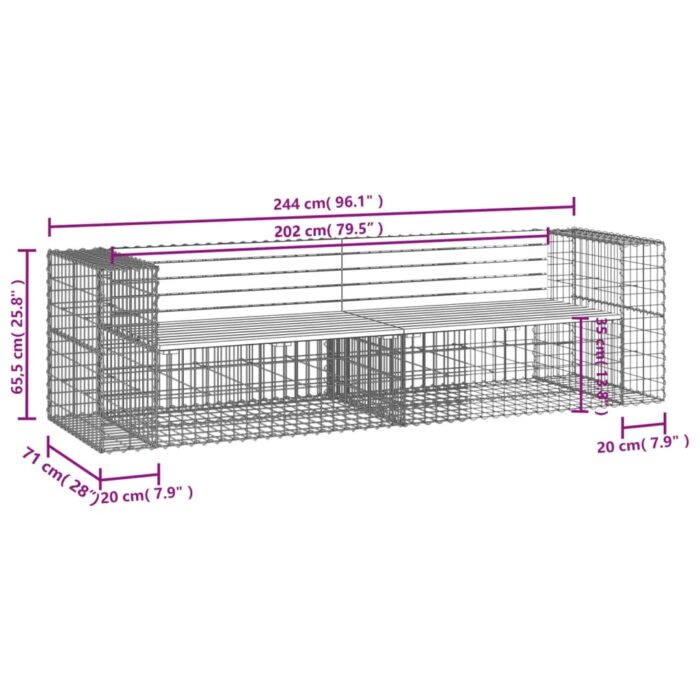 Banc de jardin design gabion 244x71x65,5 cm bois massif de pin – Image 5