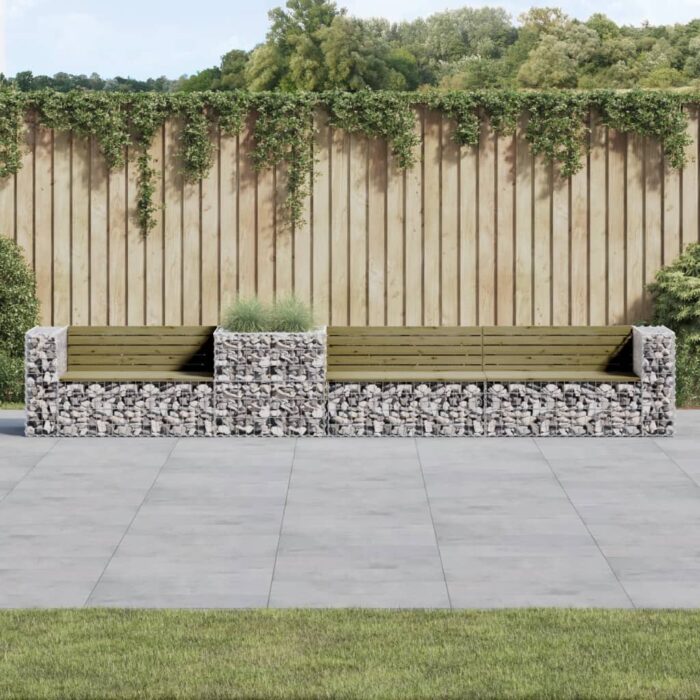 Banc de jardin avec panier en gabion bois de pin imprégné – Image 1