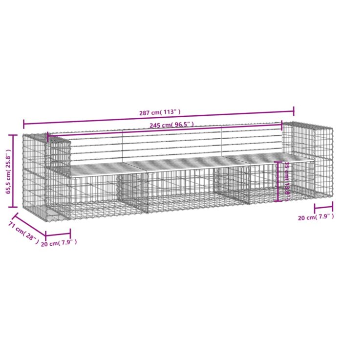 Banc de jardin design gabion 287x71x65,5 cm bois massif de pin – Image 7