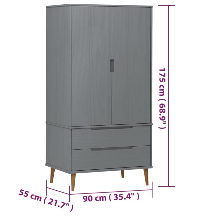 Garde-robe MOLDE Gris 90x55x175 cm Bois massif de pin – Image 6