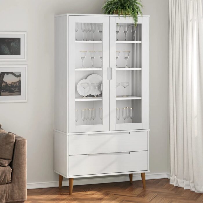 Armoire à vitrine MOLDE Blanc 90x35x175 cm Bois de pin massif – Image 1