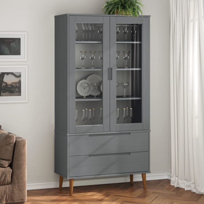 Armoire à vitrine MOLDE Gris 90x35x175 cm Bois de pin massif – Image 1