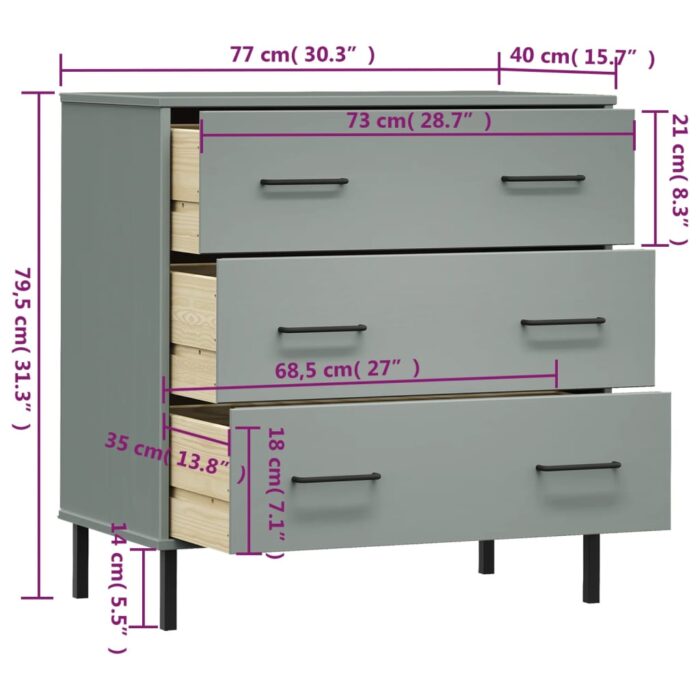 Buffet avec 3 tiroirs Gris 77x40x79,5 cm Bois massif OSLO – Image 6