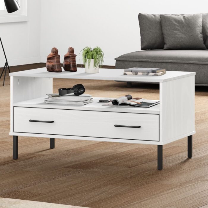 Table basse avec pieds en métal Blanc 85x50x45 cm Bois OSLO – Image 1