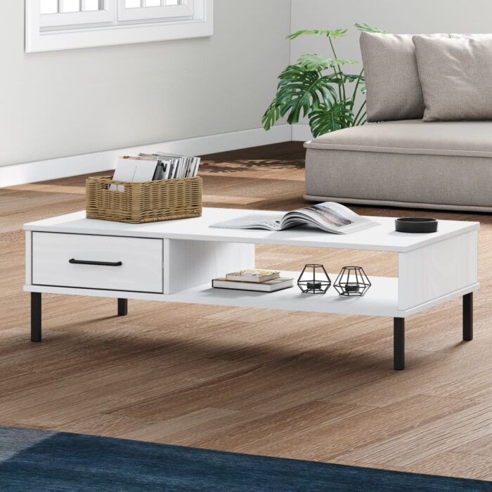 Table basse avec pieds en métal Blanc Bois pin massif OSLO – Image 1