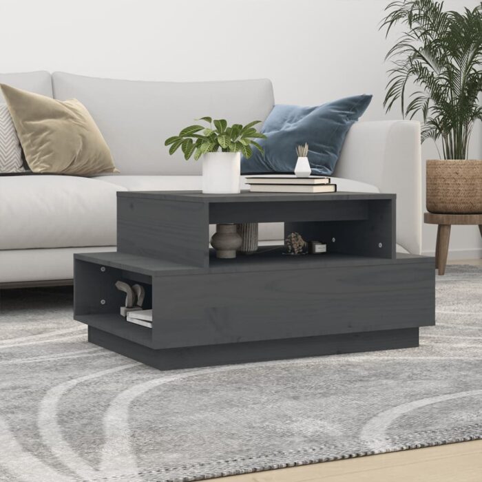 Table basse Gris 80x55x40,5 cm Bois massif de pin – Image 1