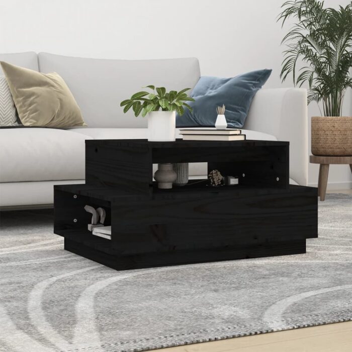 Table basse Noir 80x55x40,5 cm Bois massif de pin – Image 1