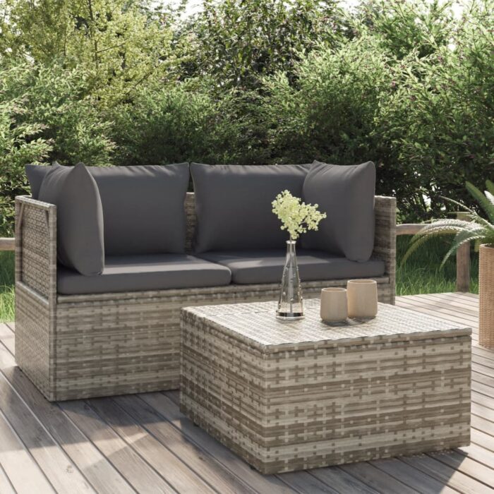 Salon de jardin 3 pcs avec coussins Gris Résine tressée – Image 1