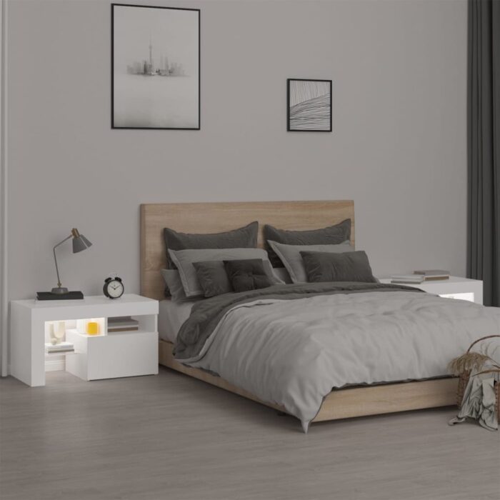 Tables de chevet 2 pcs et lumières LED Blanc 70x36,5x40 cm – Image 2