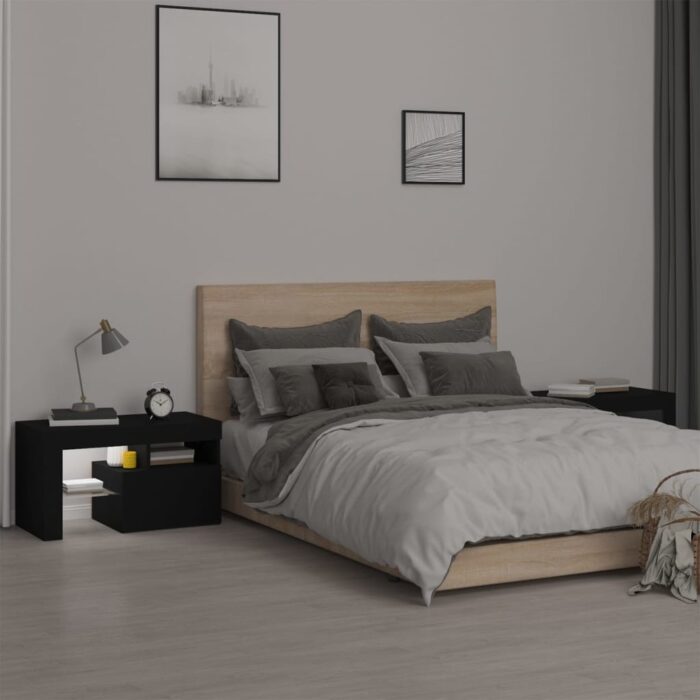 Tables de chevet 2 pcs et lumières LED Noir 70x36,5x40 cm – Image 2