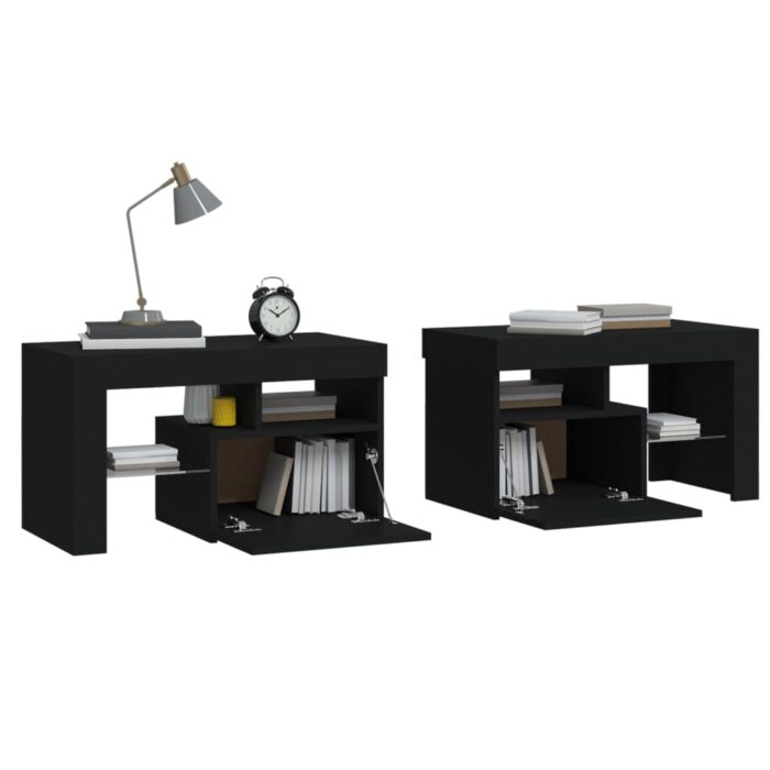 Tables de chevet 2 pcs et lumières LED Noir 70x36,5x40 cm – Image 5