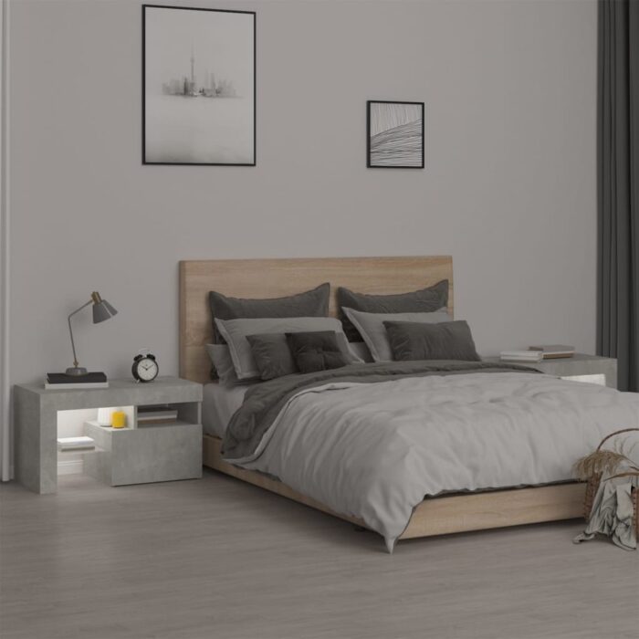 Tables de chevet 2 pcs et lumières LED Gris béton 70x36,5x40 cm – Image 2
