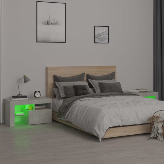 Tables de chevet 2 pcs et lumières LED Gris béton 70x36,5x40 cm – Image 3