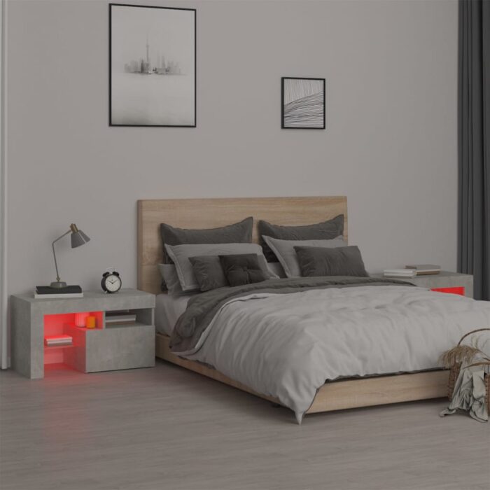 Tables de chevet 2 pcs et lumières LED Gris béton 70x36,5x40 cm – Image 4