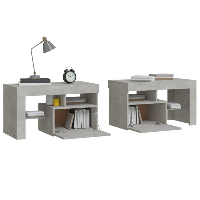 Tables de chevet 2 pcs et lumières LED Gris béton 70x36,5x40 cm – Image 5