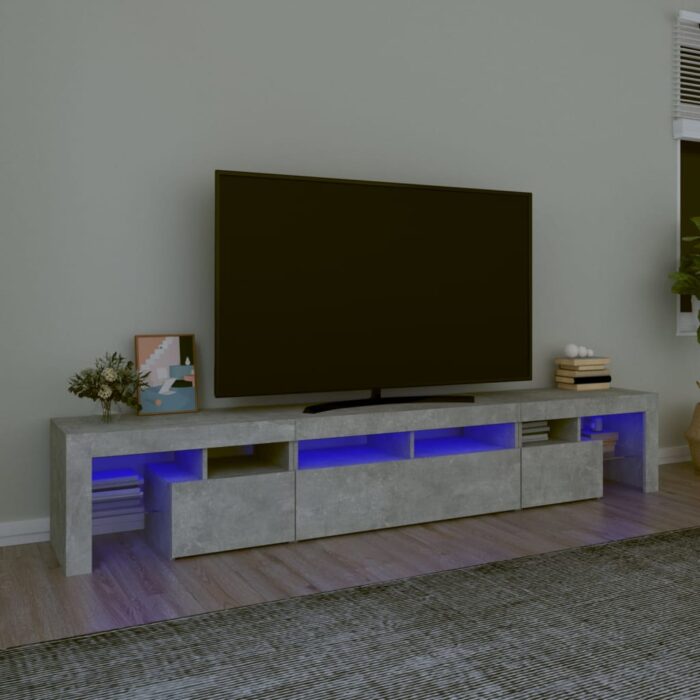 Meuble TV avec lumières LED Gris béton 230x36,5x40 cm – Image 1