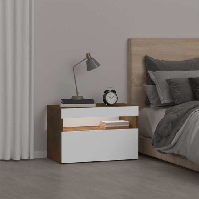 Table de chevet avec lumières LED Chêne fumé 60x35x40 cm – Image 2