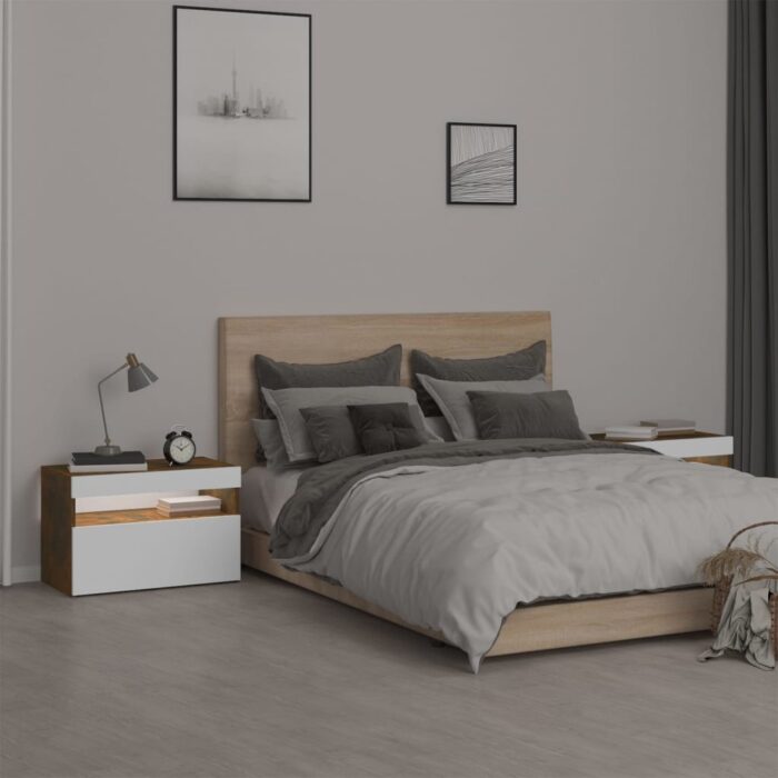 Tables de chevet 2 pcs et lumières LED Chêne fumé 60x35x40 cm – Image 2