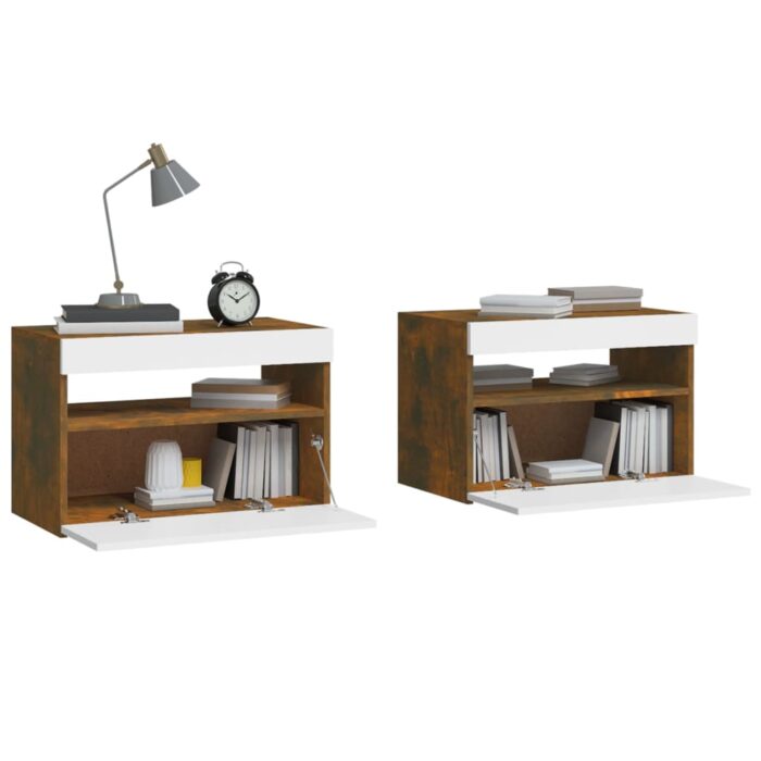 Tables de chevet 2 pcs et lumières LED Chêne fumé 60x35x40 cm – Image 5