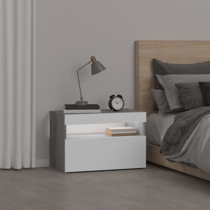 Table de chevet avec lumières LED Sonoma gris 60x35x40 cm – Image 2