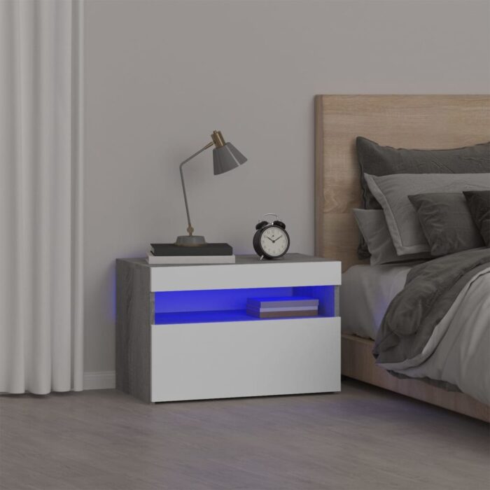 Table de chevet avec lumières LED Sonoma gris 60x35x40 cm – Image 1