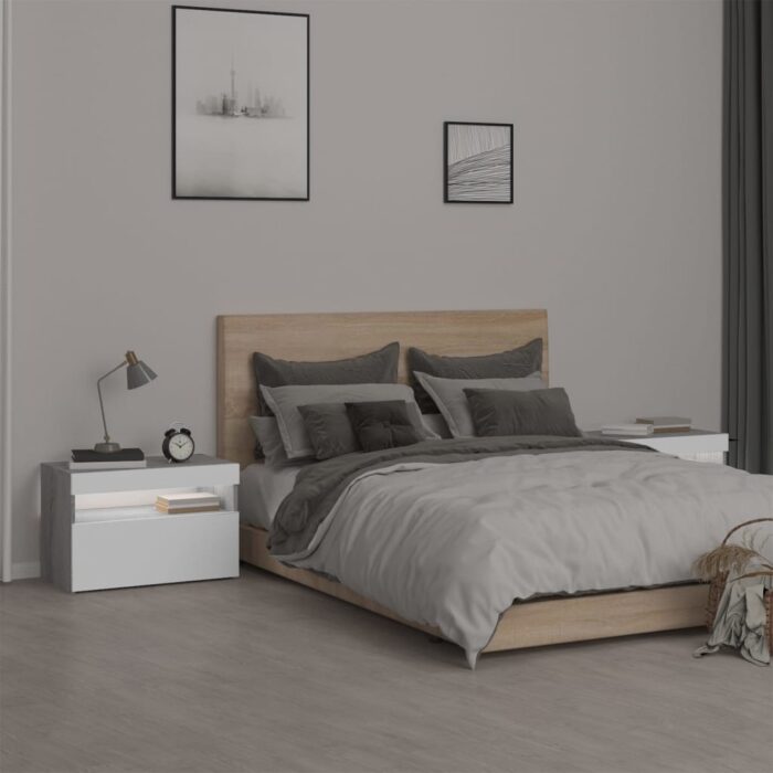 Tables de chevet 2 pcs et lumières LED Sonoma gris 60x35x40 cm – Image 2