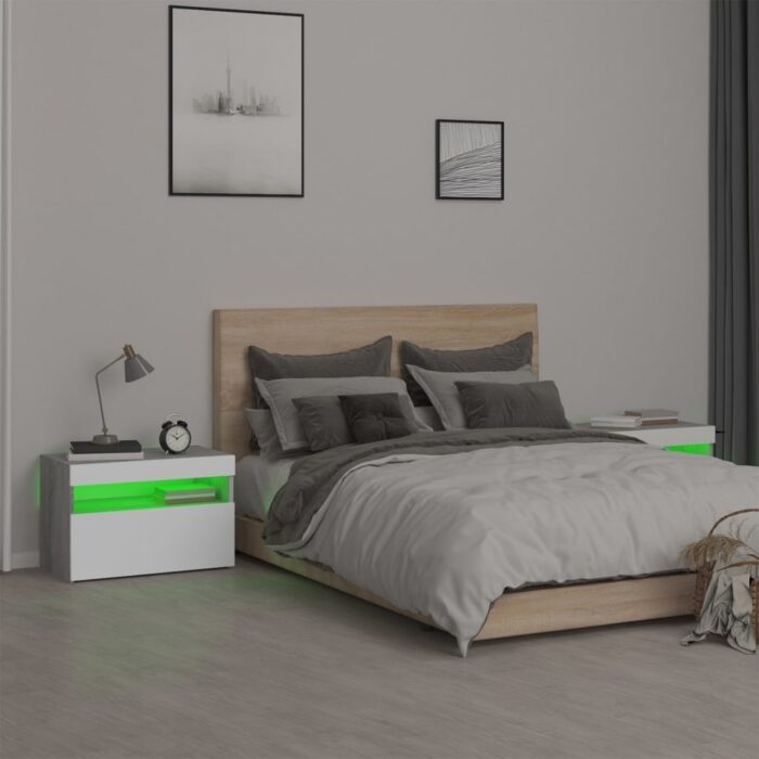 Tables de chevet 2 pcs et lumières LED Sonoma gris 60x35x40 cm – Image 3