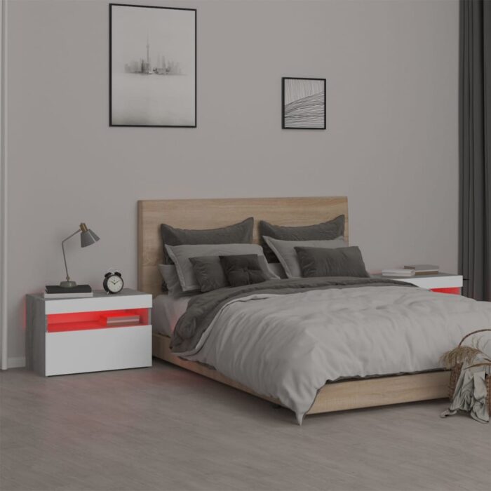 Tables de chevet 2 pcs et lumières LED Sonoma gris 60x35x40 cm – Image 4