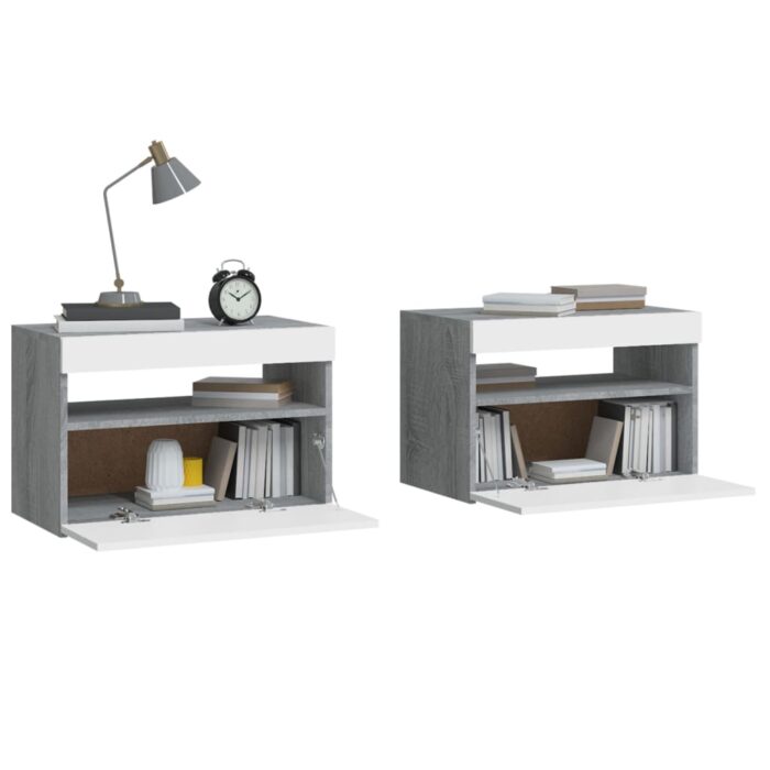 Tables de chevet 2 pcs et lumières LED Sonoma gris 60x35x40 cm – Image 5