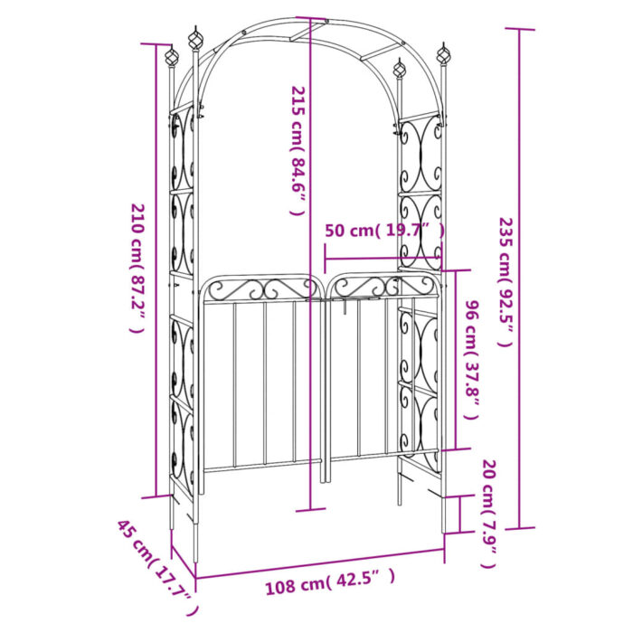 Arche de jardin avec portail noir 108x45x235 cm acier – Image 8