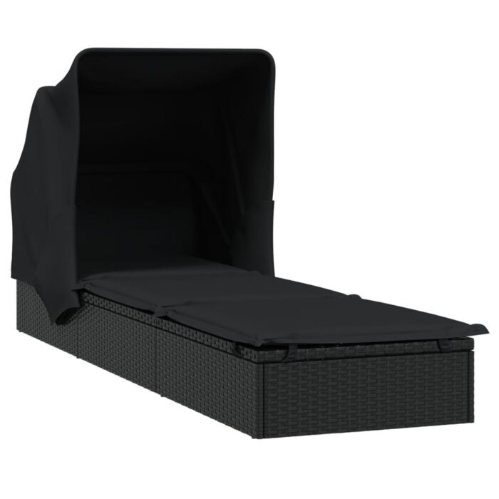Transat avec toit pliable noir 213x63x97 cm résine tressée – Image 2