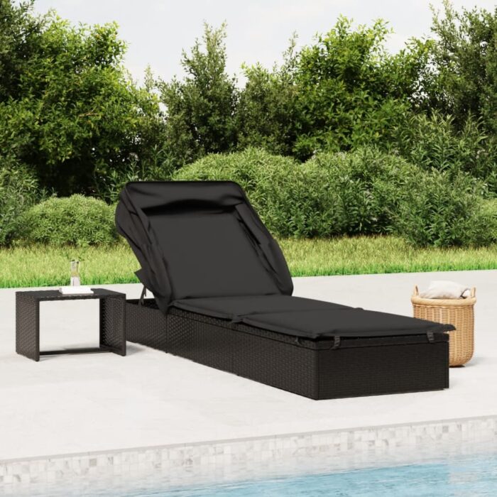 Transat avec toit pliable noir 213x63x97 cm résine tressée – Image 1