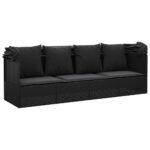 Lit de salon d'extérieur toit et coussins Noir Résine tressée – Image 4