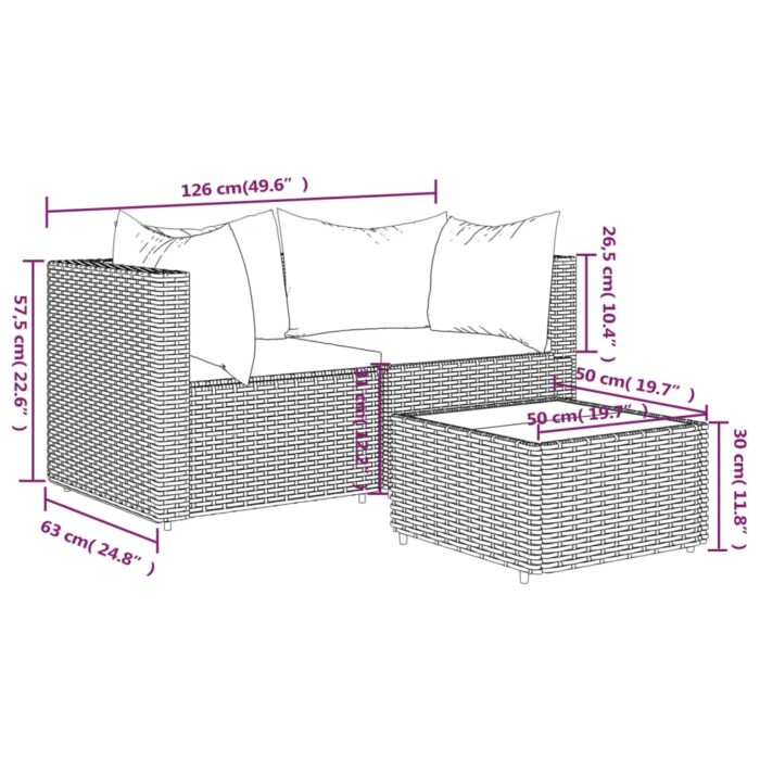 Salon de jardin 3 pcs avec coussins marron résine tressée – Image 9
