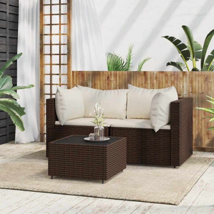 Salon de jardin 3 pcs avec coussins marron résine tressée – Image 1